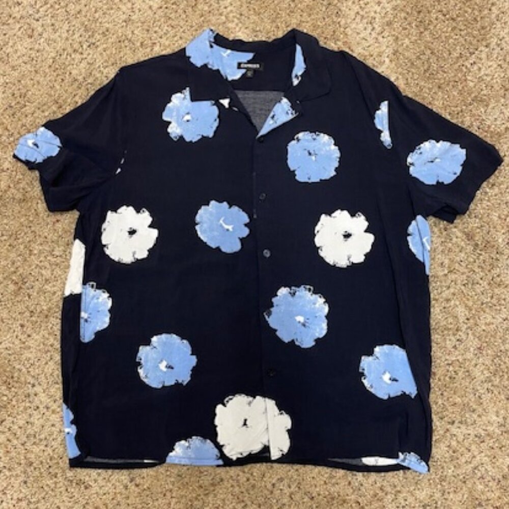 Express Navy Tropical Short Sleeve Button Down - XL